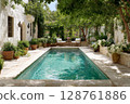 Serene backyard oasis with a sparkling pool surrounded by lush greenery and elegant seating area 128761886