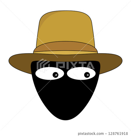 Cartoon Mysterious Character with Hat Vector Illustration. A mysterious cartoon character with a black face, large white eyes and a brown wide brimmed hat with a golden crown. Cartoon Mysterious Character with Hat Vector Illustration. A mysterious cartoon character with a black face, large white eyes and a brown wide brimmed hat with a golden crown. 128761918