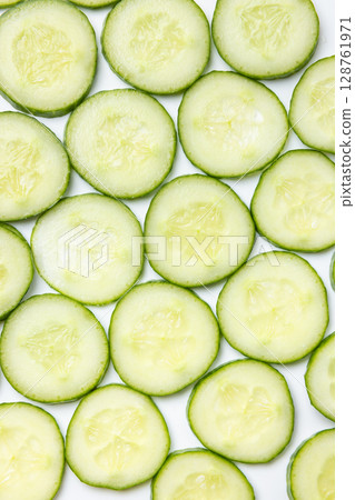 Background created from green ripe natural organic cucumber sliced into circles on white background 128761971