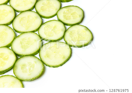 Background created from green ripe natural organic cucumber sliced into circles on white background 128761975