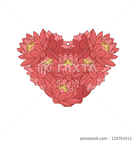 Hand drawn line art heart frame with pink lotus flowers. Romantic water lily floral card 128762012