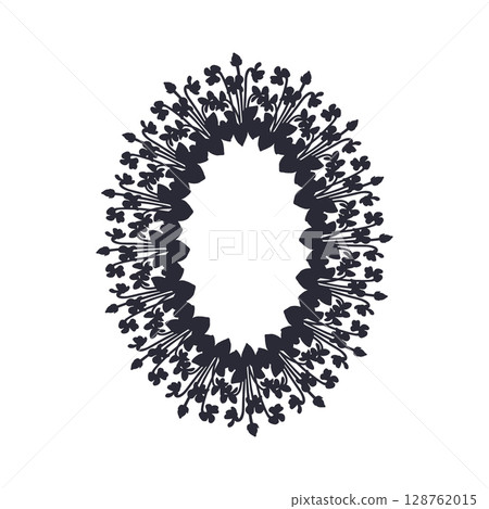 Hand drawn black silhouette of canary islands flowers blue violet wreath. Card template with cute floral frame 128762015