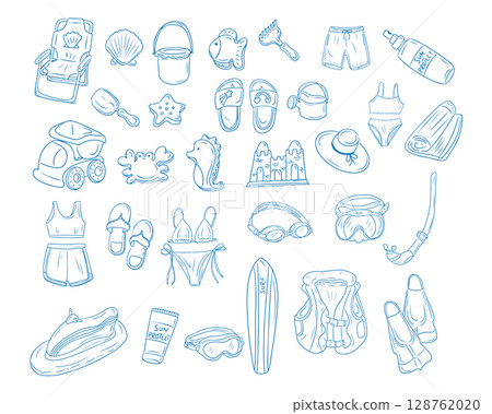 Beach holiday themed doodle set with various summer items drawn in hand sketch style, including swimwear, toys, accessories 128762020