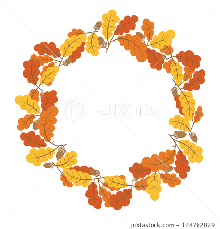 Wreath illustration made of autumn oak leaves and acorns in warm orange and yellow tones 128762029