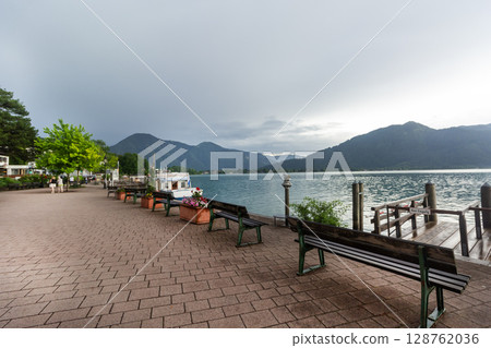 View of the beach and lake Tegernsee in Bavaria View of the beach and lake Tegernsee in Bavaria 128762036