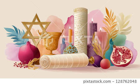 Colorful symbolic illustration with Star of David, Torah scroll, candles, pomegranates and goblets on a watercolor background 128762048