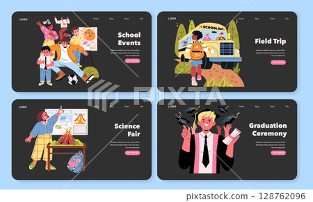 Vector illustration set depicting various school events including a lively assembly, an exciting field trip, a scientific experiment at a science fair, and a cheerful graduation ceremony. Vector illustration set depicting various school events including a lively assembly, an exciting field trip, a scientific experiment at a science fair, and a cheerful graduation ceremony. 128762096