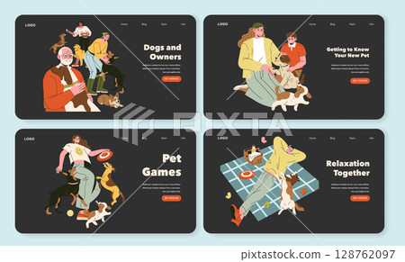 Vector illustration set depicting diverse interactions between people and dogs. Scenes include play, relaxation, and bonding, highlighting joyful connections and playful experiences. 128762097