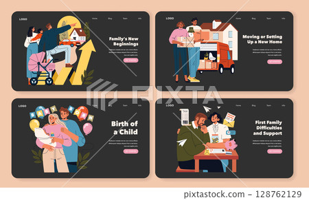 Vector illustration set depicting key family milestones. Scenes include new home planning, moving, celebrating a newborn, and addressing family challenges. Diverse emotions shown. Vector illustration set depicting key family milestones. Scenes include new home planning, moving, celebrating a newborn, and addressing family challenges. Diverse emotions shown. 128762129