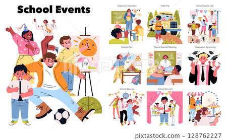 Vector illustration showcasing diverse school events, including sports day, science fair, field trip, and graduation ceremony. Students actively participate in creative and educational activities. 128762227