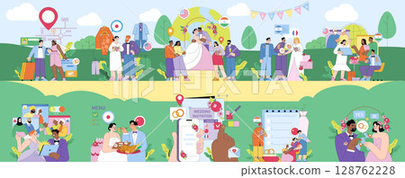 Vector illustration depicting a vibrant wedding event planning scene. Couples and planners arranging details like invitations, menus, and clothing choices, showcasing diverse cultural elements. 128762228
