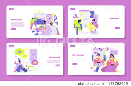Colorful vector illustration depicting various scenes of online engagement, including content creation, community building, audience growth, and knowledge sharing. Characters interact energetically Colorful vector illustration depicting various scenes of online engagement, including content creation, community building, audience growth, and knowledge sharing. Characters interact energetically 128762229