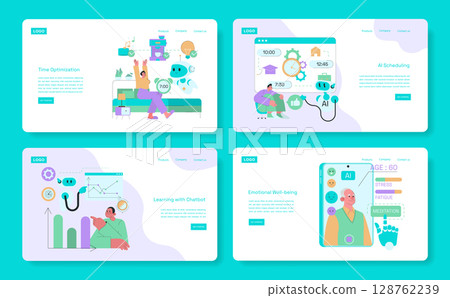 Vector illustration showcasing AI's role in time optimization, scheduling, learning, and emotional well-being. Features diverse scenarios of AI helping with routines and personal development. Vector illustration showcasing AI's role in time optimization, scheduling, learning, and emotional well-being. Features diverse scenarios of AI helping with routines and personal development. 128762239