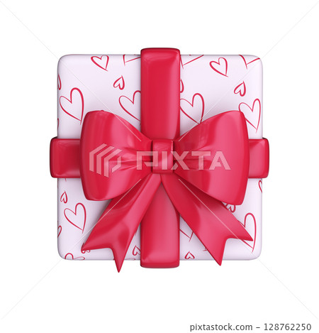 Valentine's Day Gift 3D. Illustration of a gift with a red bow, top view Valentine's Day Gift 3D. Illustration of a gift with a red bow, top view 128762250