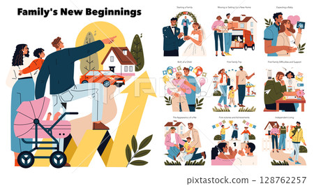 Vector illustration showcasing a family's significant life milestones: moving to a new home, expecting a baby, and handling first family challenges. Emphasizes growth and togetherness. 128762257
