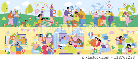 Vector illustration depicting diverse people engaged in various community activities, from gardening to recycling, and connecting through technology and travel. The image symbolizes social interaction 128762258