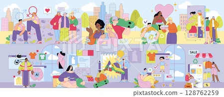 Diverse group of characters in a colorful fashion and sustainability-themed vector illustration. Scenes depict eco-friendly shopping, body positivity, and digital fashion trends in an urban setting. 128762259