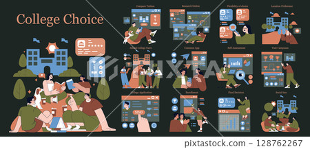 College Choice set. Students explore, analyze and select universities based on tuition, location, programs, social life, campus visits, online research and application processes. Vector illustration 128762267