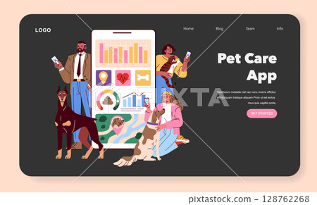 Pet Care App illustration. Visual representation of a mobile application designed for pet owners. Showcases users interacting with various features like health tracking and location services. Vector 128762268