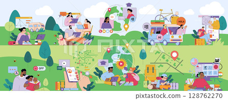 Vibrant illustration depicting online learning, digital communication, and global interaction. Diverse people engaging with technology outdoors in a connected world concept. 128762270