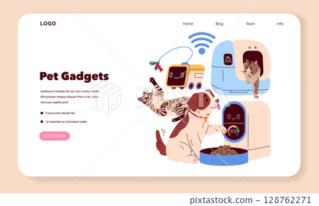 Pet Gadgets concept. Explore the innovative tools enhancing pet care experience. Smart feeders and entertaining toys improve pet lifestyle and well-being. Engaging gadgets for happy pets. Vector 128762271