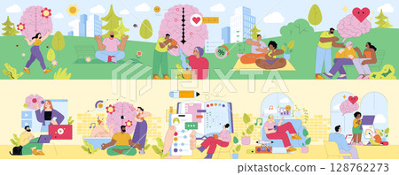 Colorful vector illustration depicting people engaging in various mindful activities and social interactions, promoting mental wellness, connection, and harmony in a vibrant setting. 128762273