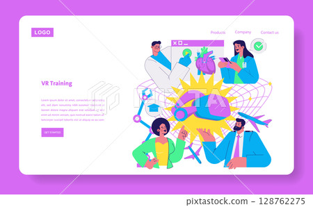 Vector illustration showing people engaged in virtual reality training for medical applications. Illustrates diverse professionals interacting with VR technology and digital tools. 128762275