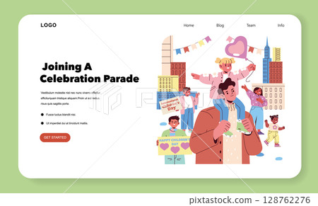 Vector illustration shows families and children enjoying a Children's Day parade. Smiling kids with balloons and signs express joy alongside happy adults, highlighting community spirit. 128762276