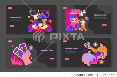 Vector illustration set depicting vibrant amusement park activities including group interaction, edutainment zones, buying entry tickets, and celebration moments, highlighting excitement and joy. 128762277