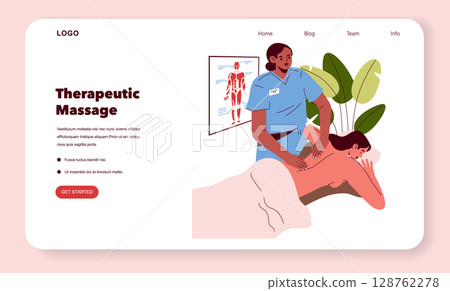 Vector illustration of a therapist providing a therapeutic massage to a client lying face down. The scene conveys calmness and relaxation in a spa setting. Vector illustration of a therapist providing a therapeutic massage to a client lying face down. The scene conveys calmness and relaxation in a spa setting. 128762278