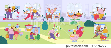 Vector illustration showing various fitness activities and wellness lifestyles, featuring a group engaging in exercise, shopping, and outdoor activities. Promotes healthy living and body positivity. 128762279
