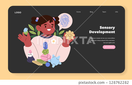 Vector illustration of a joyful child engaging in sensory development activities, holding tactile objects with a backdrop of nature. Educational content emphasizes learning through play. 128762282