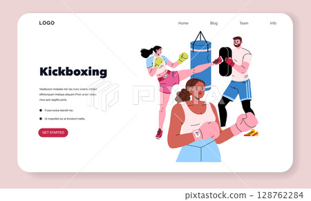 Vector illustration depicting a diverse group engaged in kickboxing. Features individuals practicing strikes and kicks with a punching bag, showcasing an active class scene. 128762284