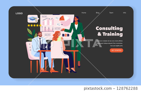 Vector illustration depicting a professional consulting and training session with three diverse business individuals engaged in a discussion about B2B strategies and data analysis. 128762288