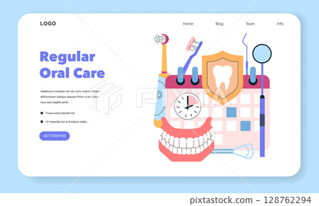 Dental care vector illustration highlighting reminders for regular oral hygiene. Includes toothbrushes, toothpaste, teeth symbol, and a calendar for appointment scheduling. 128762294