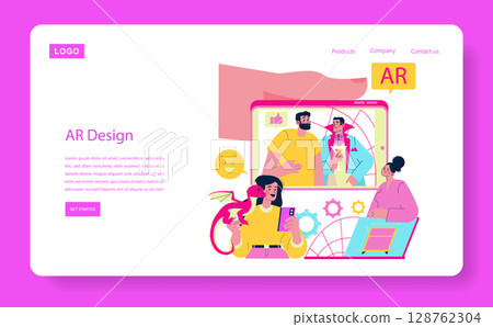 Vector illustration of an AR design concept featuring diverse characters interacting through digital devices. Engaging elements like emojis, gears, and digital graphics highlight creativity. 128762304
