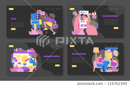 Vector illustrations showcasing digital marketing concepts like live streaming, content distribution, community building, and strategy revision. Vibrant designs with engaging characters. 128762309