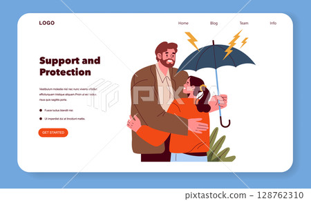 Father caring for daughter with umbrella illustration. A heartfelt scene depicting a father's protective embrace for his daughter under a stormy sky. Father caring for daughter with umbrella illustration. A heartfelt scene depicting a father's protective embrace for his daughter under a stormy sky. 128762310