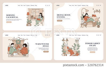 Vector illustration set showcasing cozy lifestyle moments at home. Includes morning rituals, digital detox evenings, warm winter hygge, and indoor garden escapes. Perfect for wellness and relaxation 128762314