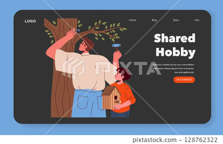 Father and son engage in birdhouse crafting, enjoying a shared hobby together outdoors, depicted on a website banner. 128762322