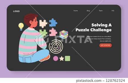 Vector illustration of a child facing a puzzle challenge with various puzzle pieces, a Rubik's cube, and a labyrinth. Engaged in problem-solving activities. Vector illustration of a child facing a puzzle challenge with various puzzle pieces, a Rubik's cube, and a labyrinth. Engaged in problem-solving activities. 128762324