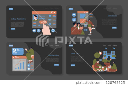 College Choice set. Journey from application to enrollment, making final decisions, maintaining social ties. Illustrated educational steps in a modern style. College Choice set. Journey from application to enrollment, making final decisions, maintaining social ties. Illustrated educational steps in a modern style. 128762325
