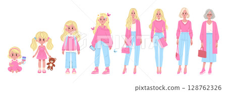 Vector illustration depicting female character growth stages from toddler to elderly, highlighting style and fashion changes. Characters express different life phases emotionally. Vector illustration depicting female character growth stages from toddler to elderly, highlighting style and fashion changes. Characters express different life phases emotionally. 128762326
