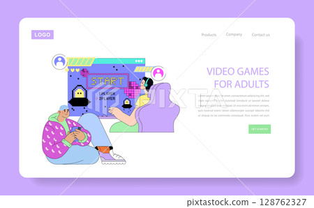 Vector illustration of two adults engaged in a multiplayer video game session. One person is sitting with a gaming controller, while the other is focused on the screen, ready to start the game. Vector illustration of two adults engaged in a multiplayer video game session. One person is sitting with a gaming controller, while the other is focused on the screen, ready to start the game. 128762327