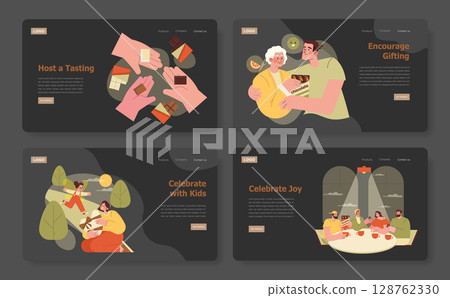 Vector illustration depicting various celebration themes. Includes gifting, family bonding, and joyful gatherings. Scenes emphasize shared moments and positive emotions. Vector illustration depicting various celebration themes. Includes gifting, family bonding, and joyful gatherings. Scenes emphasize shared moments and positive emotions. 128762330