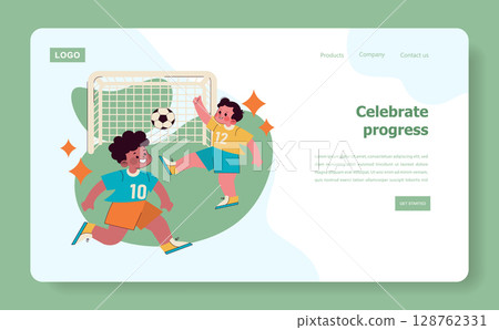 Children engage in soccer play, demonstrating teamwork and enthusiasm in a preschool setting. The illustration captures the joy of childhood sports, promoting physical activity and fun learning Children engage in soccer play, demonstrating teamwork and enthusiasm in a preschool setting. The illustration captures the joy of childhood sports, promoting physical activity and fun learning 128762331