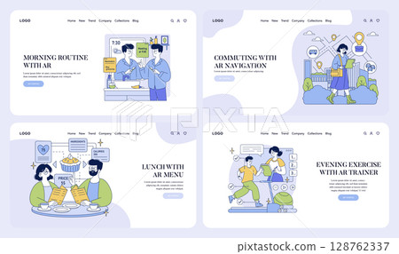 Vector illustration depicting daily activities enhanced by AR technology including morning routine, commuting, lunch, and exercise. Engaging visual themes of augmented reality in everyday life. Vector illustration depicting daily activities enhanced by AR technology including morning routine, commuting, lunch, and exercise. Engaging visual themes of augmented reality in everyday life. 128762337