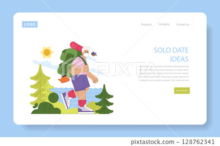 Elderly man hiking solo with a backpack, appearing content and adventurous. Vector illustration shows vibrant outdoor scenery with trees, sun, and a bird. 128762341