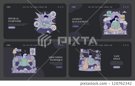 Vector illustration set depicting anxiety management. Scenes show individuals using techniques like grounding, safe spaces, and mindfulness practices to manage anxiety symptoms. Vector illustration set depicting anxiety management. Scenes show individuals using techniques like grounding, safe spaces, and mindfulness practices to manage anxiety symptoms. 128762342