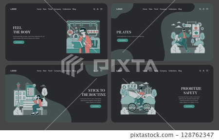 Set of vector illustrations depicting various lifestyle and wellness themes. Includes scenes of a person using technology for fitness tracking, practicing pilates, and prioritizing safety while 128762347